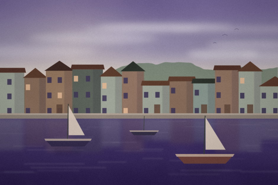 A quiet harbour town at dusk with dim-lit windows and moored sailing boats.