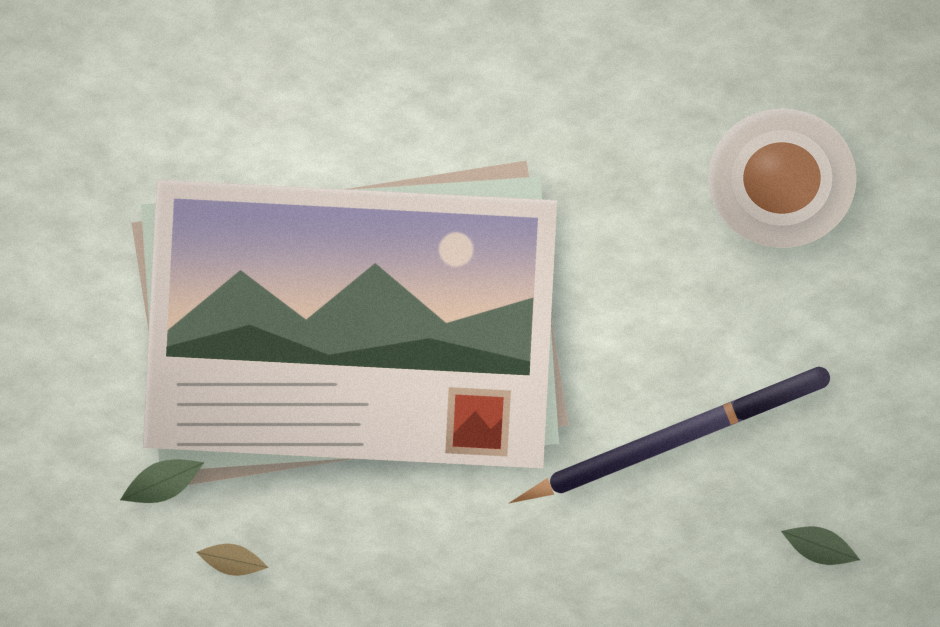 Old postcards, a fountain pen, a cup of tea, and pressed leaves on a pale linen surface.